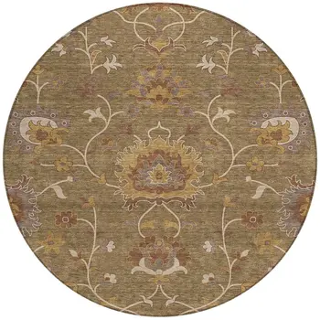 8' Brown And Beige Round Floral Washable Indoor Outdoor Area Rug