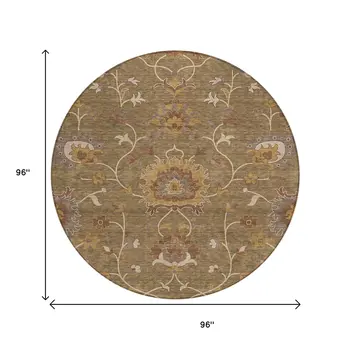 8' Brown And Beige Round Floral Washable Indoor Outdoor Area Rug
