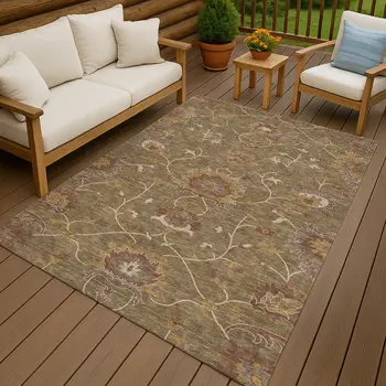 8' X 10' Brown And Beige Floral Washable Indoor Outdoor Area Rug