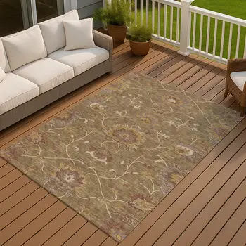 10' X 14' Brown And Beige Floral Washable Indoor Outdoor Area Rug