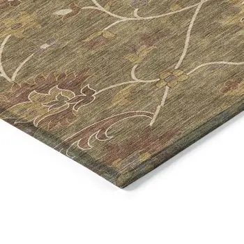 10' X 14' Brown And Beige Floral Washable Indoor Outdoor Area Rug