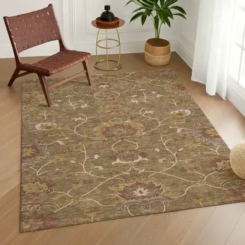 10' X 14' Brown And Beige Floral Washable Indoor Outdoor Area Rug