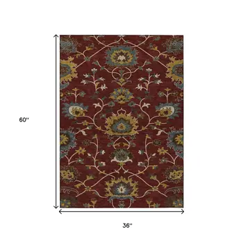 3' X 5' Burgundy Gold And Gray Floral Washable Indoor Outdoor Area Rug