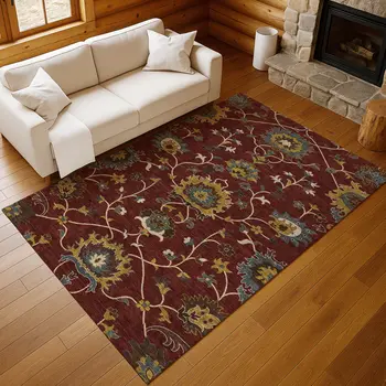 3' X 5' Burgundy Gold And Gray Floral Washable Indoor Outdoor Area Rug