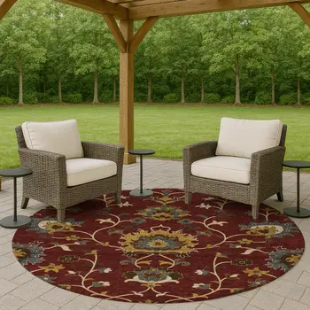 8' Burgundy Gold And Gray Round Floral Washable Indoor Outdoor Area Rug