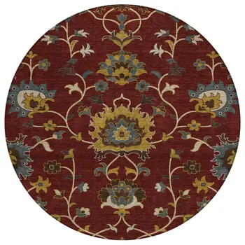 8' Burgundy Gold And Gray Round Floral Washable Indoor Outdoor Area Rug