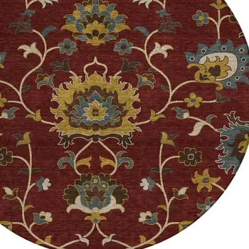 8' Burgundy Gold And Gray Round Floral Washable Indoor Outdoor Area Rug