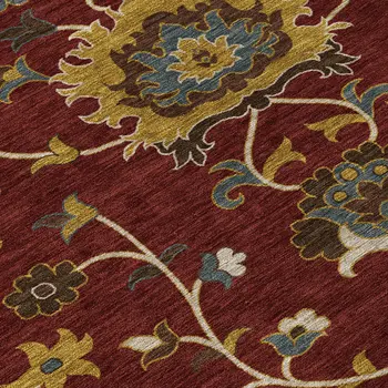 8' Burgundy Gold And Gray Round Floral Washable Indoor Outdoor Area Rug