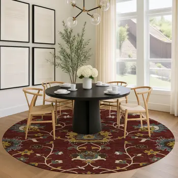 8' Burgundy Gold And Gray Round Floral Washable Indoor Outdoor Area Rug