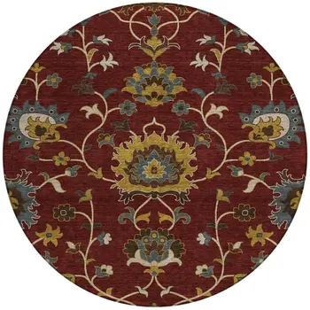 8' Burgundy Gold And Gray Round Floral Washable Indoor Outdoor Area Rug