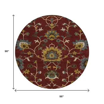 8' Burgundy Gold And Gray Round Floral Washable Indoor Outdoor Area Rug