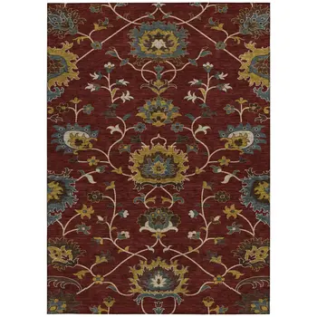 8' X 10' Burgundy Gold And Gray Floral Washable Indoor Outdoor Area Rug