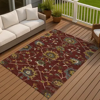 8' X 10' Burgundy Gold And Gray Floral Washable Indoor Outdoor Area Rug