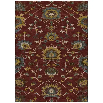 8' X 10' Burgundy Gold And Gray Floral Washable Indoor Outdoor Area Rug