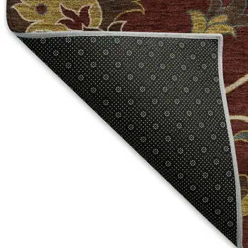 8' X 10' Burgundy Gold And Gray Floral Washable Indoor Outdoor Area Rug