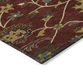 8' X 10' Burgundy Gold And Gray Floral Washable Indoor Outdoor Area Rug