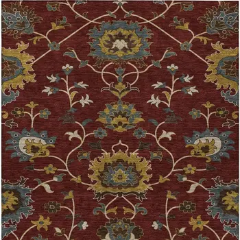 8' X 10' Burgundy Gold And Gray Floral Washable Indoor Outdoor Area Rug