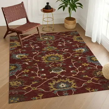 8' X 10' Burgundy Gold And Gray Floral Washable Indoor Outdoor Area Rug