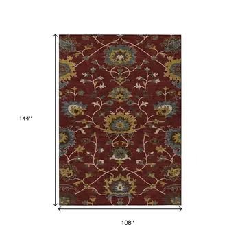 9' X 12' Burgundy Gold And Gray Floral Washable Indoor Outdoor Area Rug