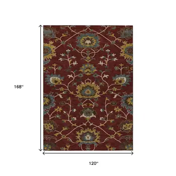 10' X 14' Burgundy Gold And Gray Floral Washable Indoor Outdoor Area Rug