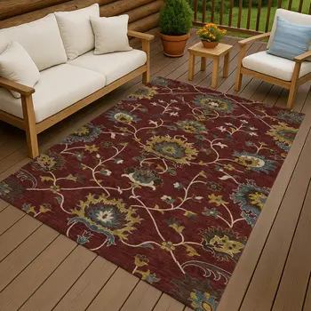 10' X 14' Burgundy Gold And Gray Floral Washable Indoor Outdoor Area Rug