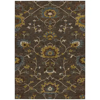 3' X 5' Chocolate Gold And Gray Floral Washable Indoor Outdoor Area Rug