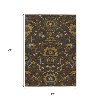 5' X 8' Chocolate Gold And Gray Floral Washable Indoor Outdoor Area Rug