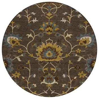 8' Chocolate Gold And Gray Round Floral Washable Indoor Outdoor Area Rug