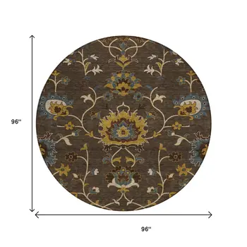 8' Chocolate Gold And Gray Round Floral Washable Indoor Outdoor Area Rug