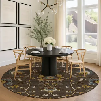 8' Chocolate Gold And Gray Round Floral Washable Indoor Outdoor Area Rug