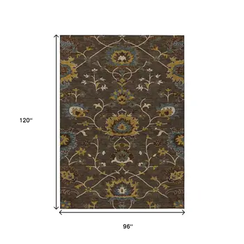 8' X 10' Chocolate Gold And Gray Floral Washable Indoor Outdoor Area Rug