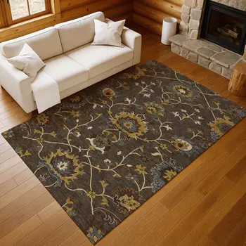 8' X 10' Chocolate Gold And Gray Floral Washable Indoor Outdoor Area Rug