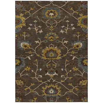 9' X 12' Chocolate Gold And Gray Floral Washable Indoor Outdoor Area Rug