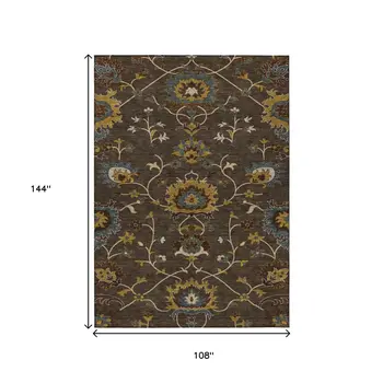 9' X 12' Chocolate Gold And Gray Floral Washable Indoor Outdoor Area Rug