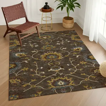9' X 12' Chocolate Gold And Gray Floral Washable Indoor Outdoor Area Rug