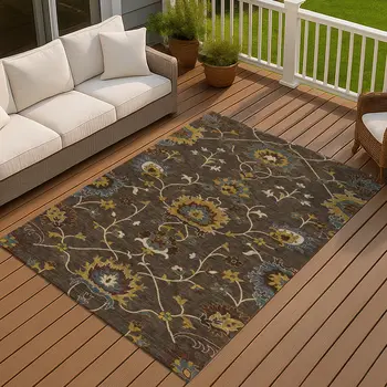 10' X 14' Chocolate Gold And Gray Floral Washable Indoor Outdoor Area Rug