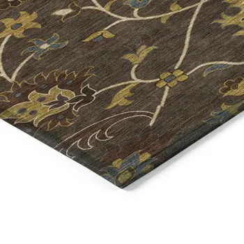 10' X 14' Chocolate Gold And Gray Floral Washable Indoor Outdoor Area Rug
