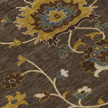 10' X 14' Chocolate Gold And Gray Floral Washable Indoor Outdoor Area Rug