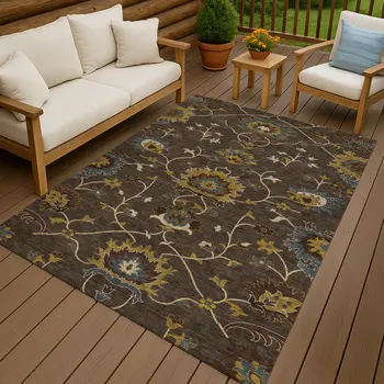 10' X 14' Chocolate Gold And Gray Floral Washable Indoor Outdoor Area Rug