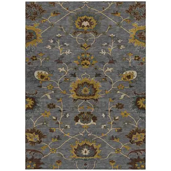 5' X 8' Gray Gold And Beige Floral Washable Indoor Outdoor Area Rug