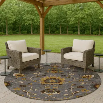 8' Gray Gold And Beige Round Floral Washable Indoor Outdoor Area Rug