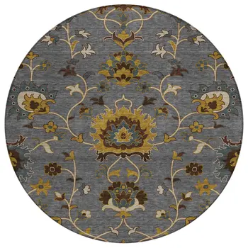 8' Gray Gold And Beige Round Floral Washable Indoor Outdoor Area Rug