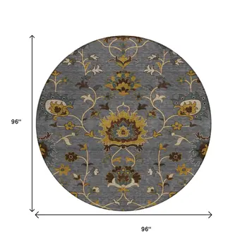 8' Gray Gold And Beige Round Floral Washable Indoor Outdoor Area Rug