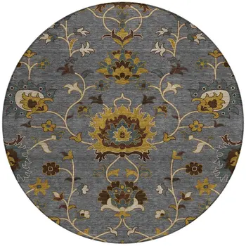8' Gray Gold And Beige Round Floral Washable Indoor Outdoor Area Rug