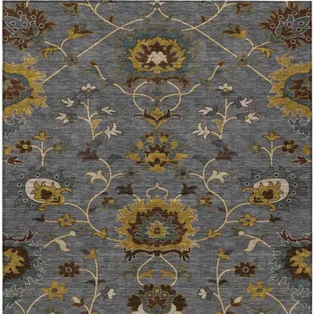8' X 10' Gray Gold And Beige Floral Washable Indoor Outdoor Area Rug