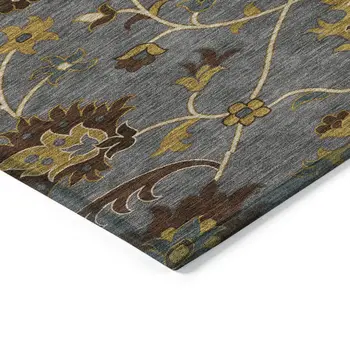 8' X 10' Gray Gold And Beige Floral Washable Indoor Outdoor Area Rug
