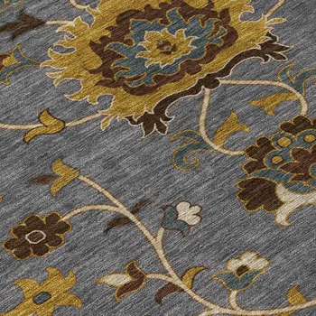 8' X 10' Gray Gold And Beige Floral Washable Indoor Outdoor Area Rug