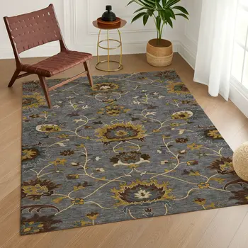 8' X 10' Gray Gold And Beige Floral Washable Indoor Outdoor Area Rug