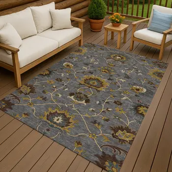 8' X 10' Gray Gold And Beige Floral Washable Indoor Outdoor Area Rug