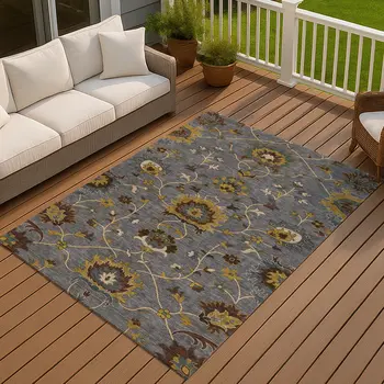 9' X 12' Gray Gold And Beige Floral Washable Indoor Outdoor Area Rug
